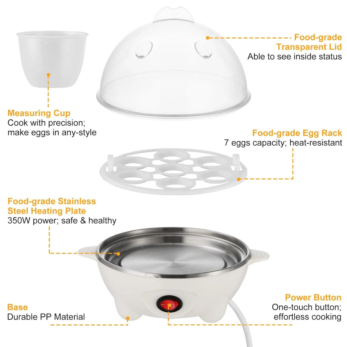 7-Egg Electric Egg Cooker with Auto Shut-Off, White