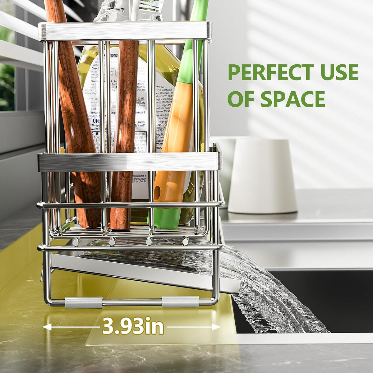 Stainless Steel Sink Caddy with Brush Holder and Drain Tray