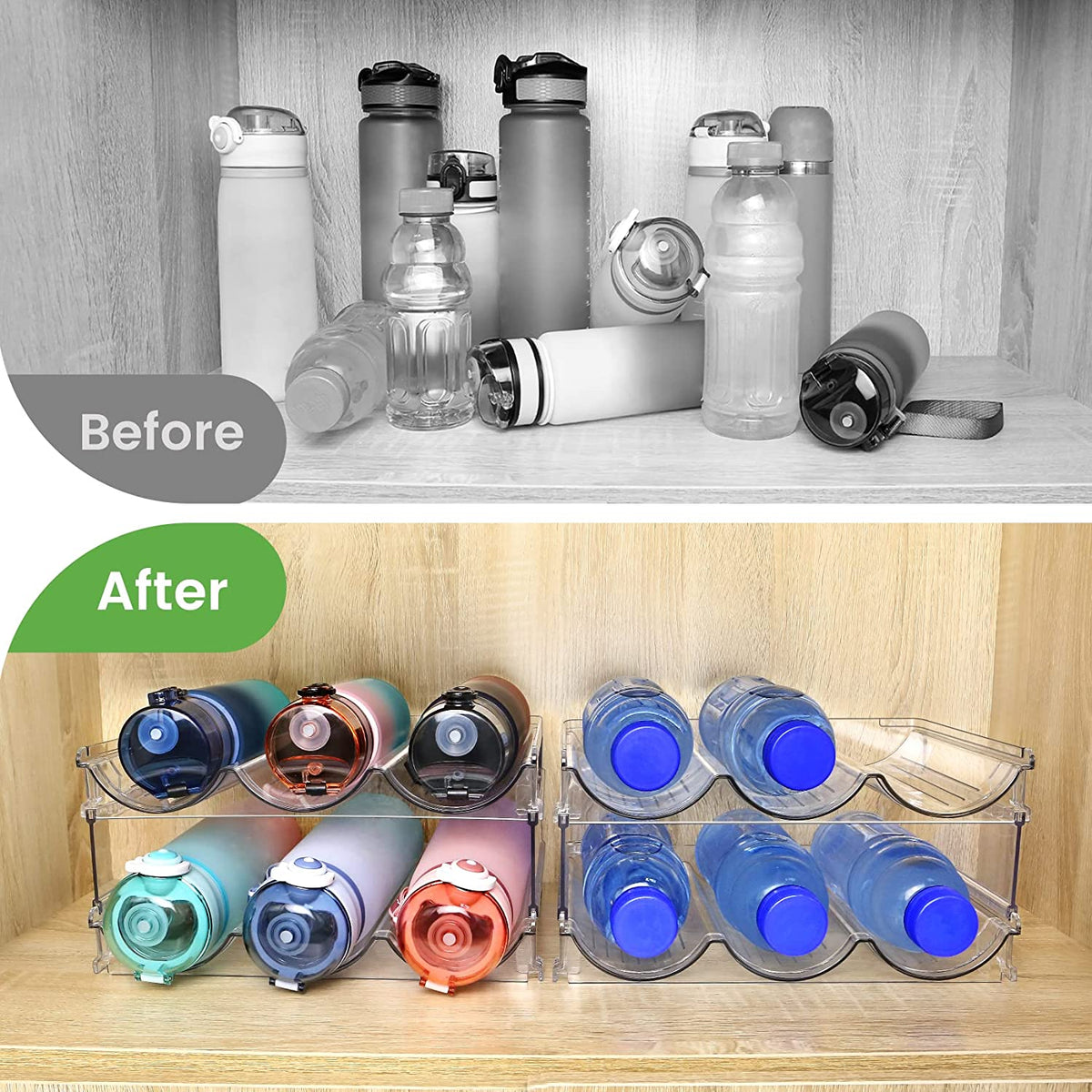 Stackable water bottle organizer, 2-pack