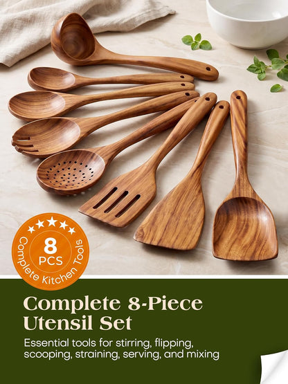 8-piece teak wood kitchen utensil set