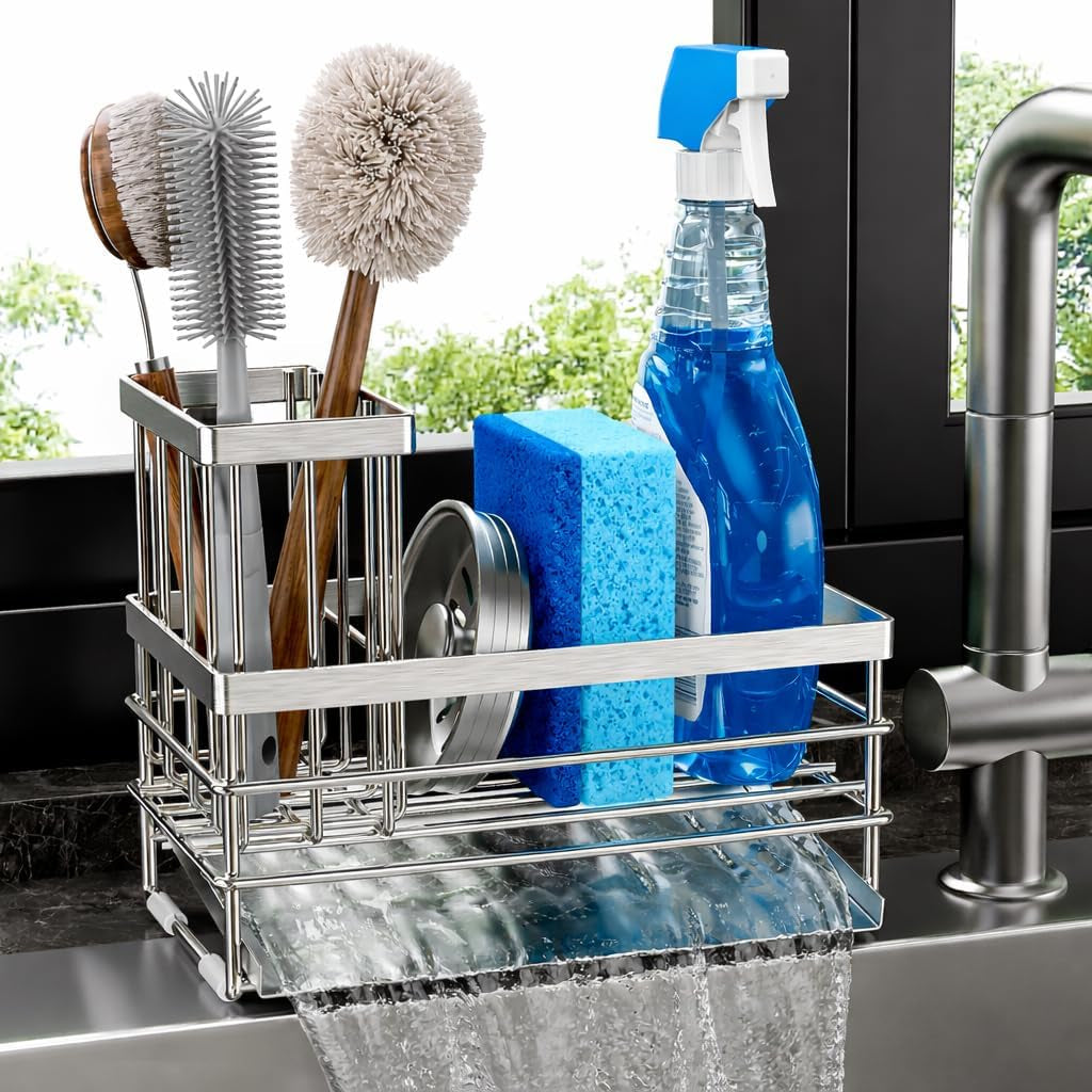 Stainless Steel Sink Caddy with Brush Holder and Drain Tray