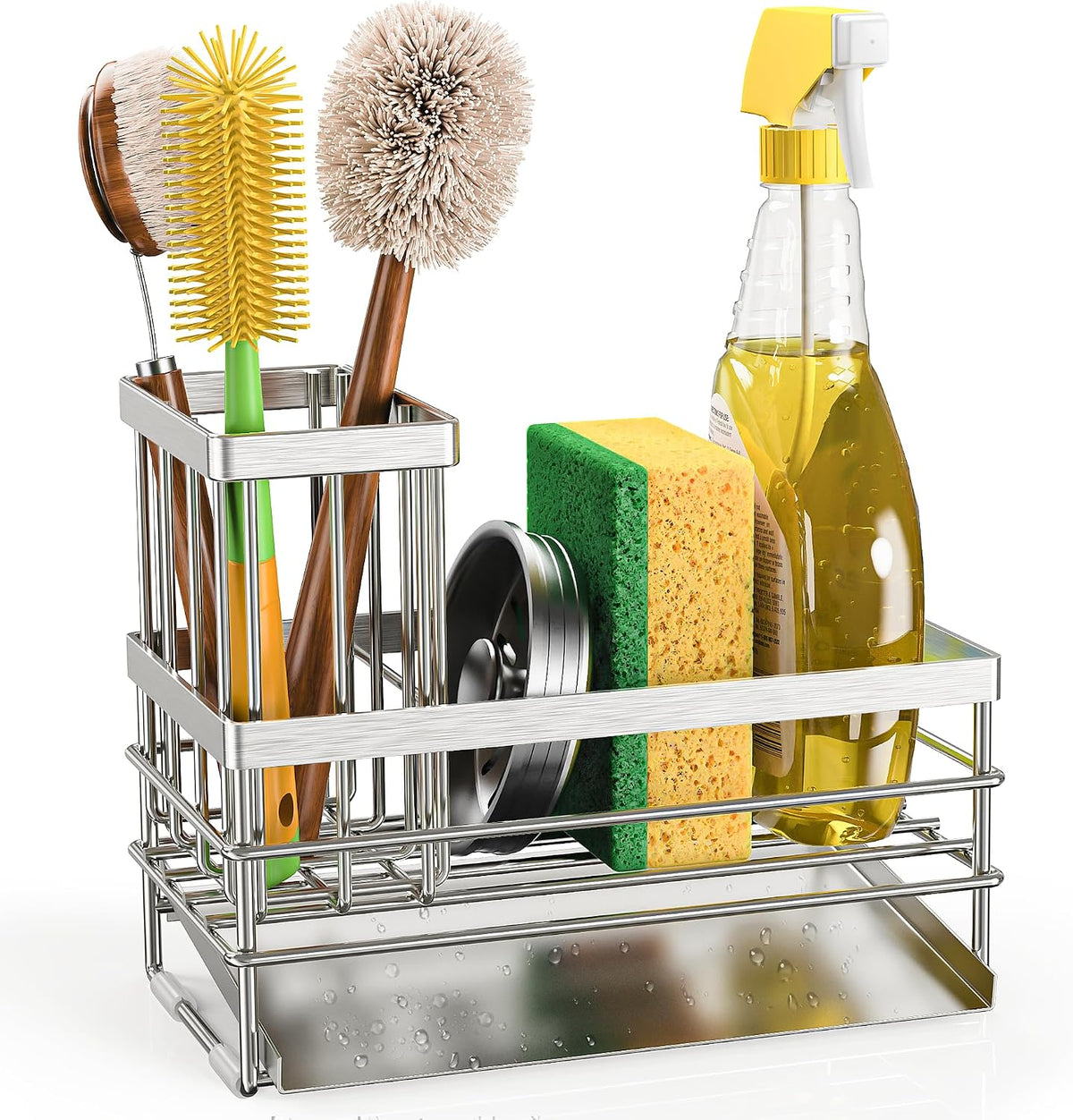 Stainless Steel Sink Caddy with Brush Holder and Drain Tray
