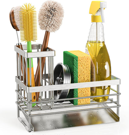 Stainless Steel Sink Caddy with Brush Holder and Drain Tray