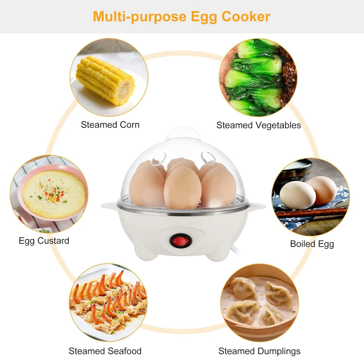 7-Egg Electric Egg Cooker with Auto Shut-Off, White