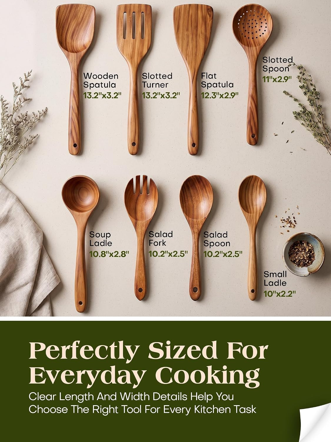 8-piece teak wood kitchen utensil set