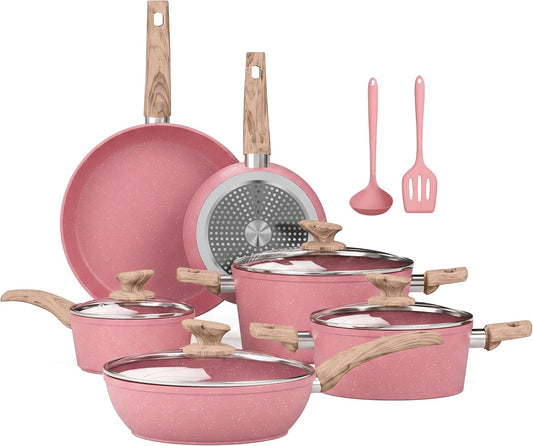 Stylish 12-Piece Pink Nonstick Cookware Set - Perfect for Every Kitchen!