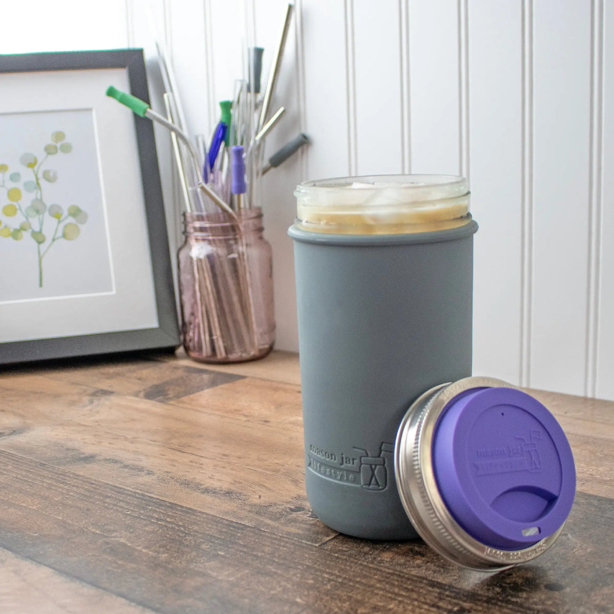 24oz glass mason jar water bottle with silicone sleeve and lid