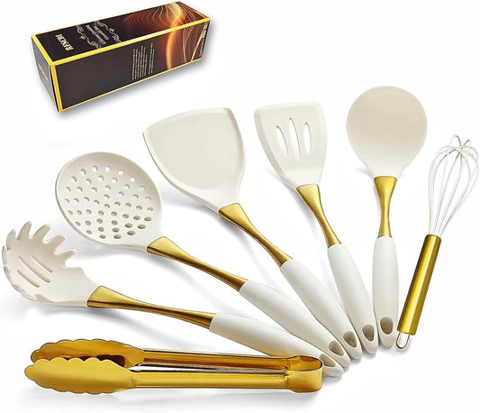 White and gold silicone kitchen utensil set