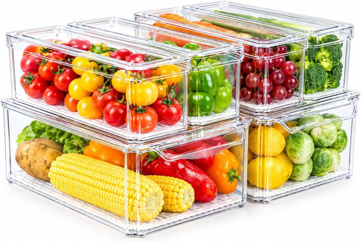 Stackable Fridge Organizer Bins with Lids, 6-Pack