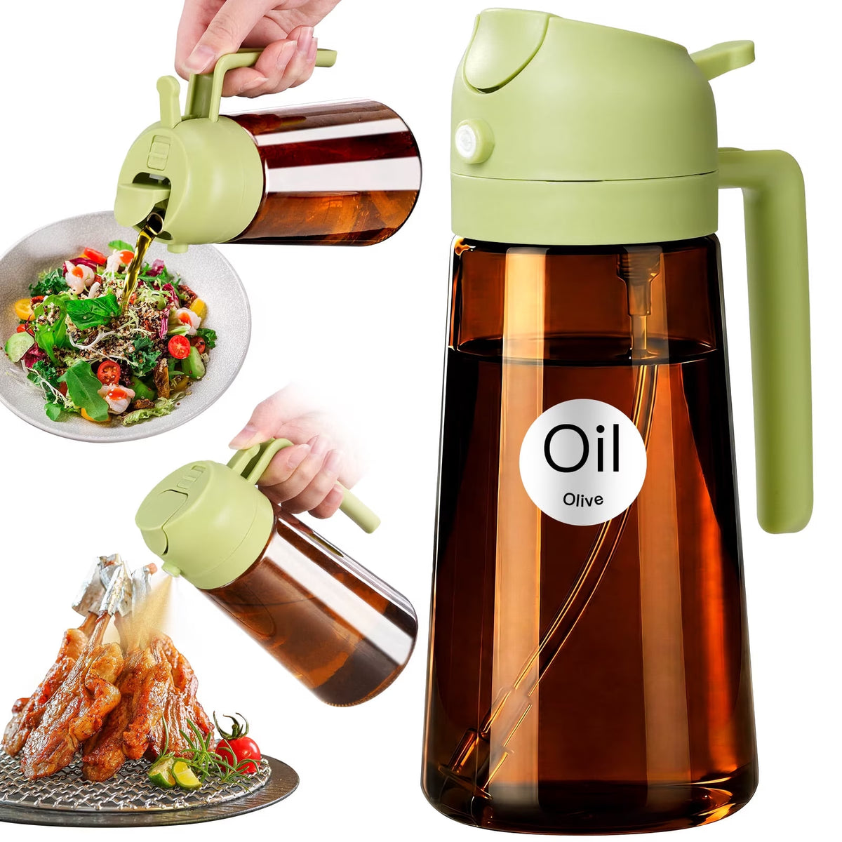 2-in-1 Glass Olive Oil Sprayer and Dispenser, 16oz, Green