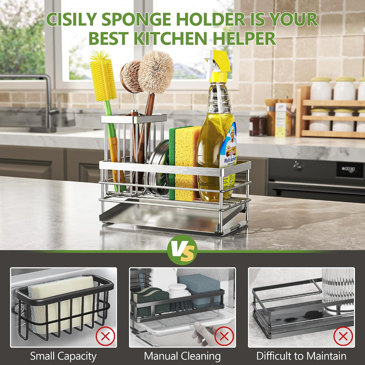 Stainless Steel Sink Caddy with Brush Holder and Drain Tray