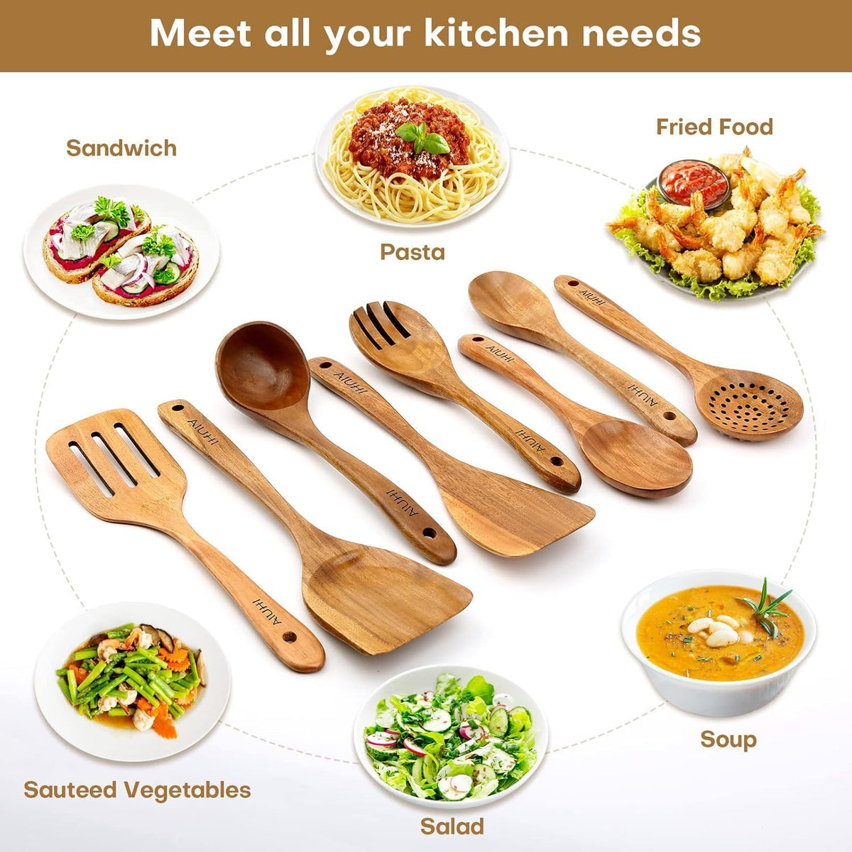 8-piece teak wood kitchen utensil set