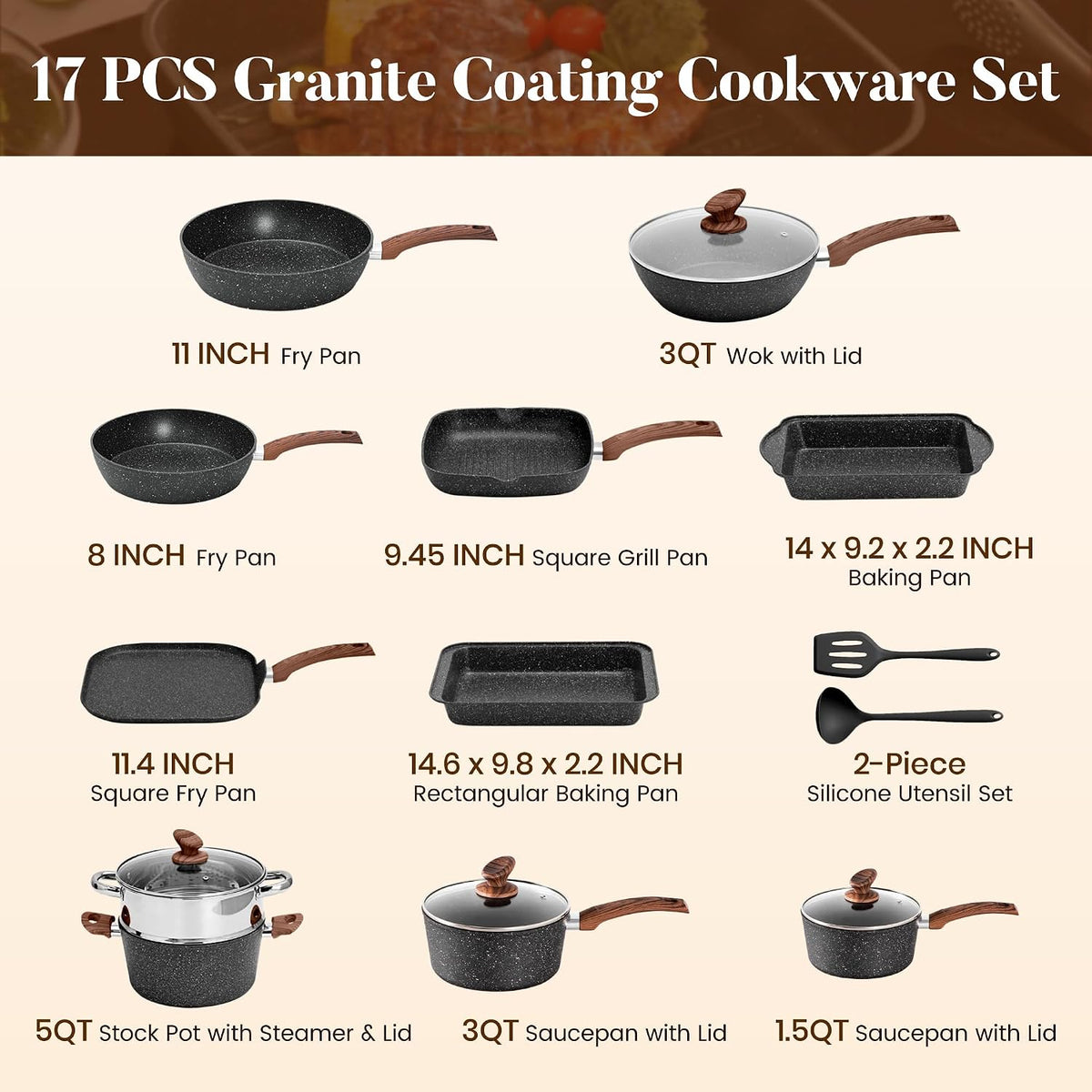 Ultimate 17-Piece Nonstick Induction Cookware Set - Granite Pots & Pans for Effortless Cooking