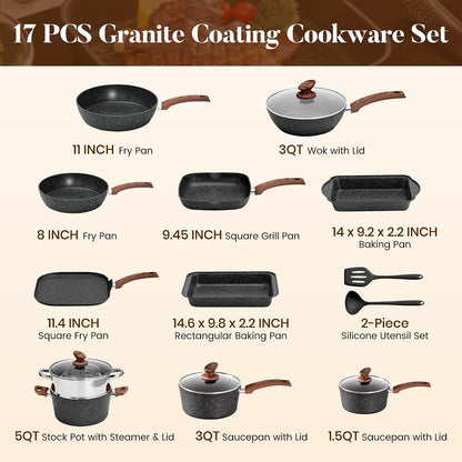 Ultimate 17-Piece Nonstick Induction Cookware Set - Granite Pots & Pans for Effortless Cooking