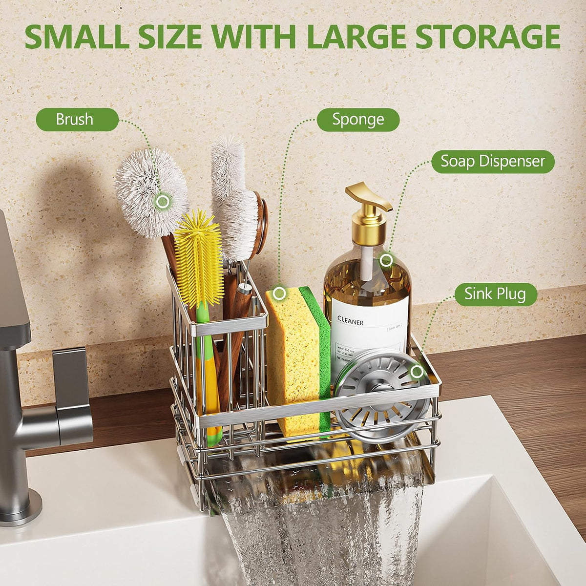 Stainless Steel Sink Caddy with Brush Holder and Drain Tray