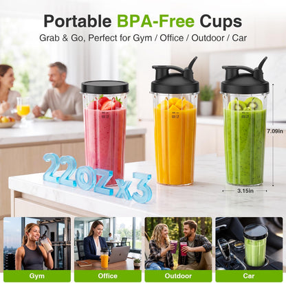 Personal blender with 3 portable 22oz cups