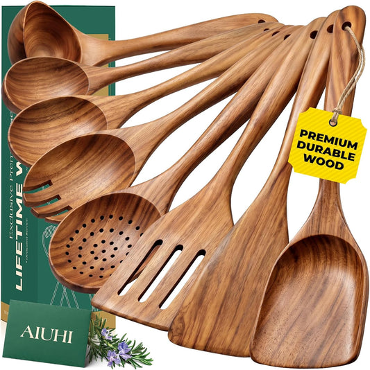 8-piece teak wood kitchen utensil set