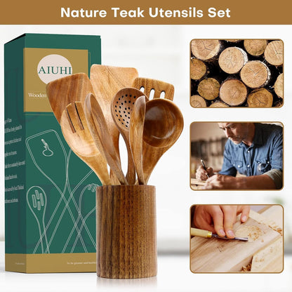 8-piece teak wood kitchen utensil set