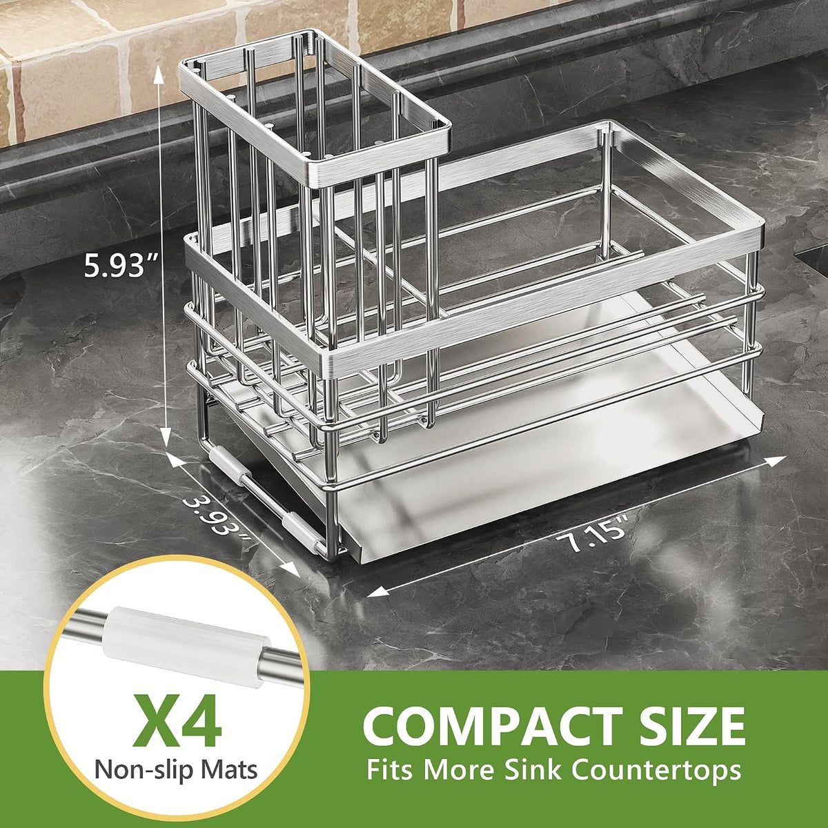Stainless Steel Sink Caddy with Brush Holder and Drain Tray